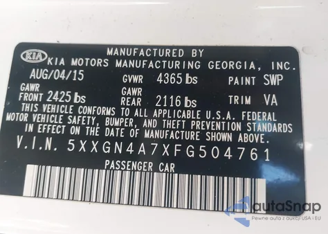 2015 Kia Optima Ex z USA, uszkodzony, nr VIN 5XXGN4A7XFG504761